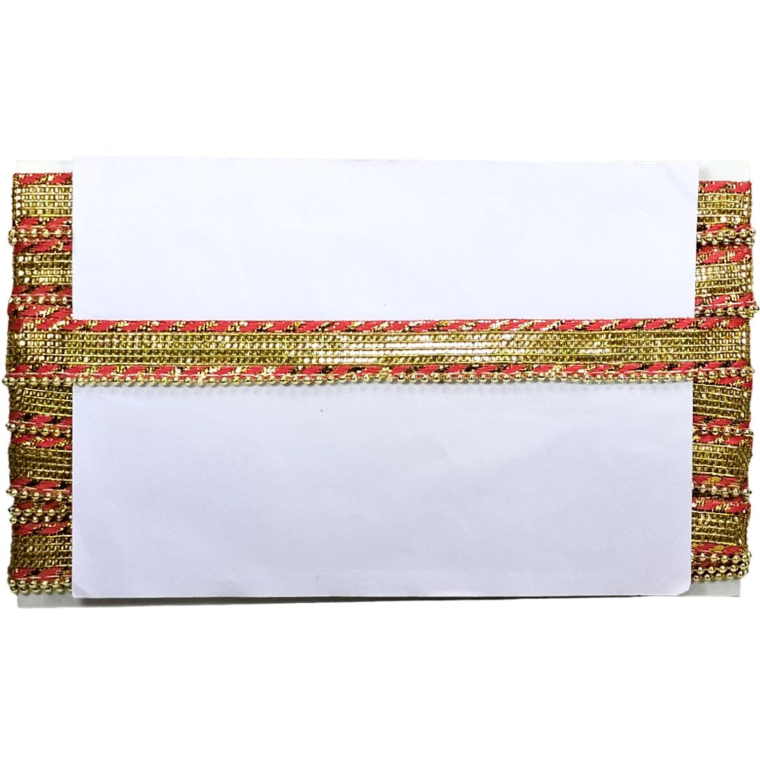 Decorative card with gold and red border on a white background